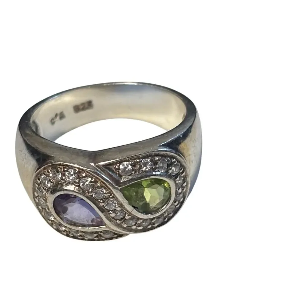 Beautiful Women’s 925 Silver green and purple gemstone ring size 8